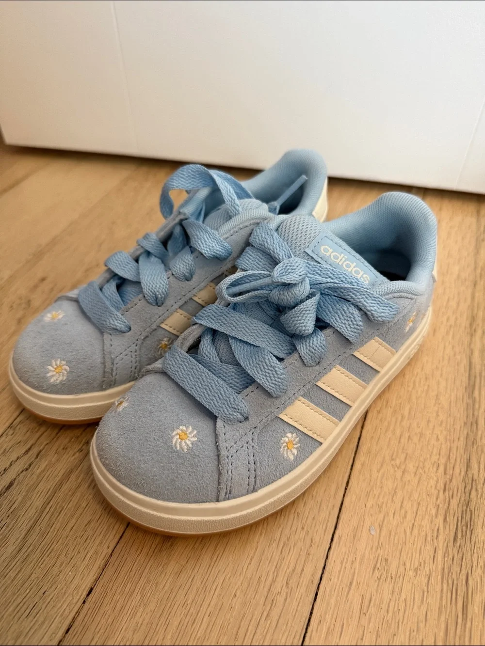 adidas Kids Light Blue Suede Sneakers with Daisy Embroidery
